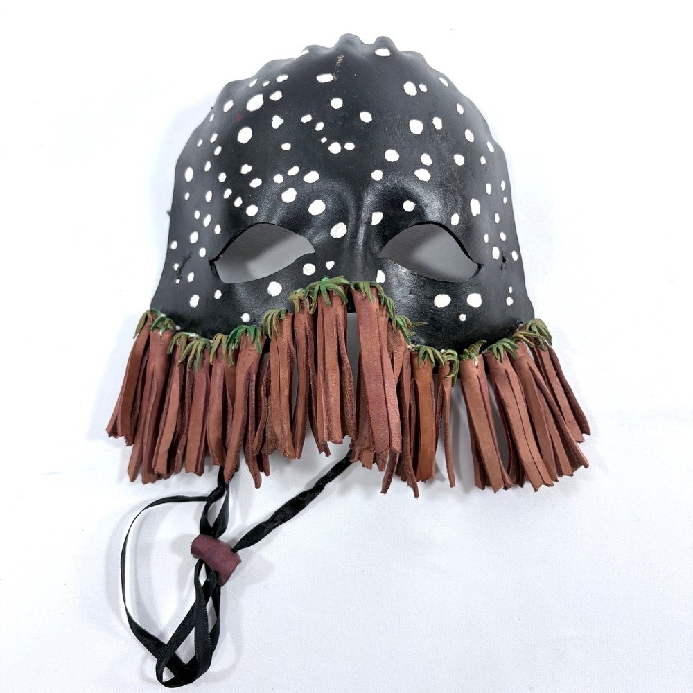 Handmade African Inspired Leather Mask Black White Polka Dot Brown Fringe
